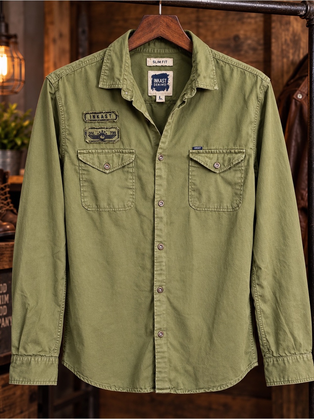 Inkast Denim Co. Men’s Army Green Slim Fit Utility Shirt